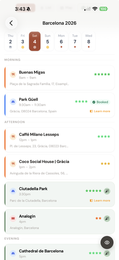 Linger day view showing a Barcelona trip itinerary