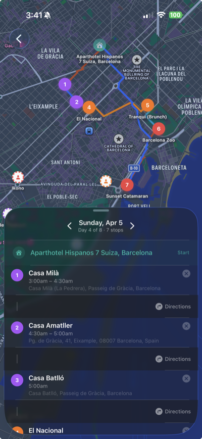Linger map view showing a trip route through Barcelona